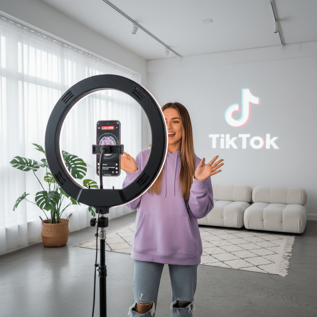 Créateur de contenu filmant une vidéo TikTok avec anneau lumineux et smartphone