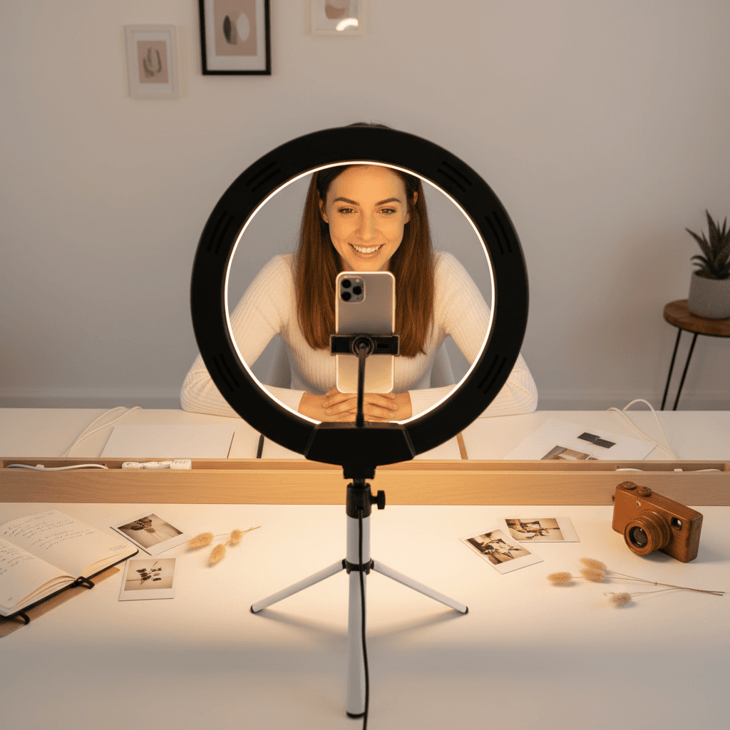 Créateur de contenu filmant une vidéo avec un smartphone et un anneau lumineux