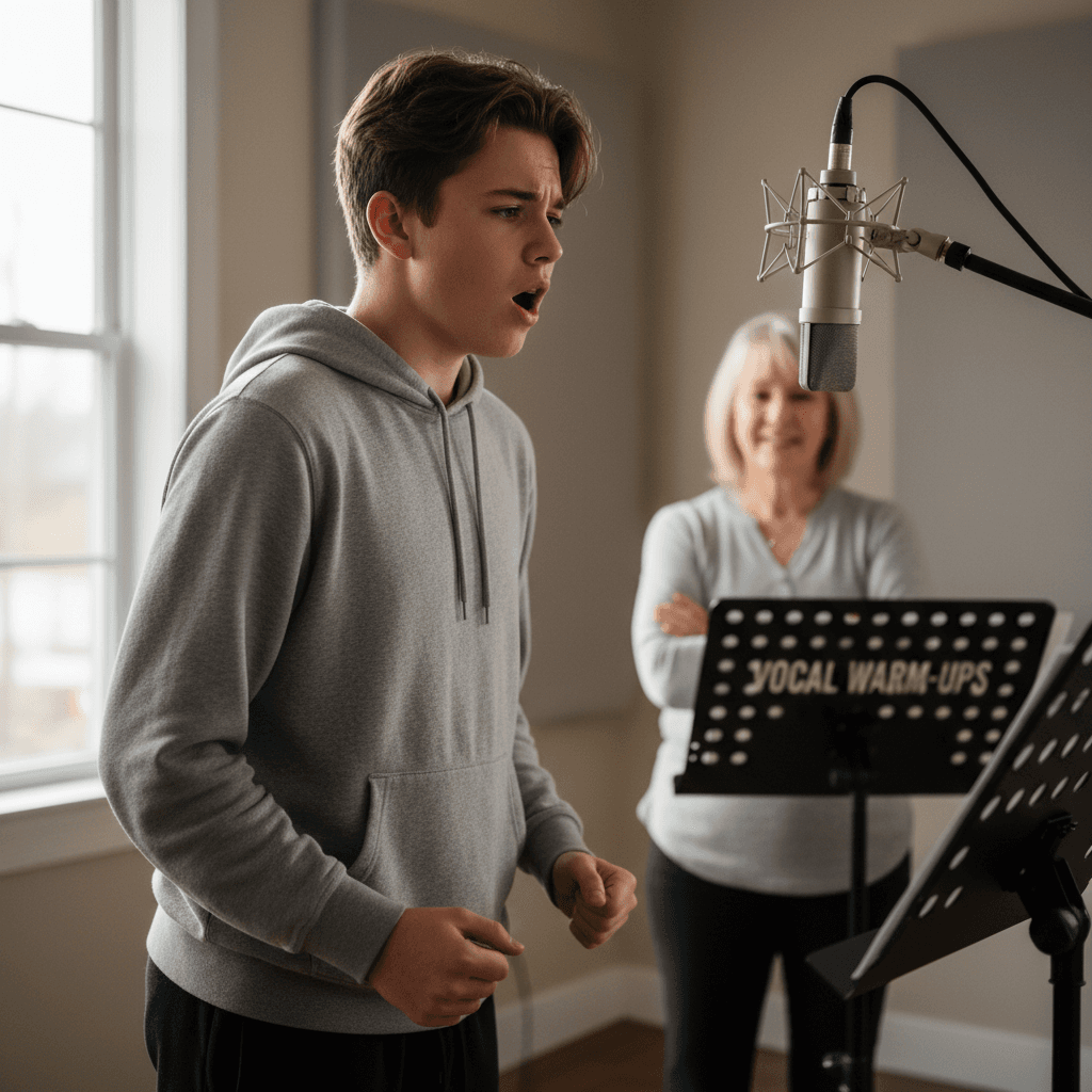 Coach vocal guidant une personne avec un micro dans un studio